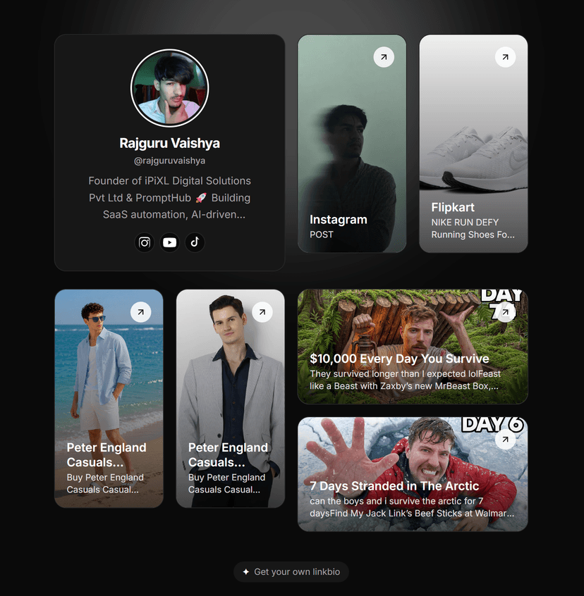 PlsTap.me bento grid dark theme preview